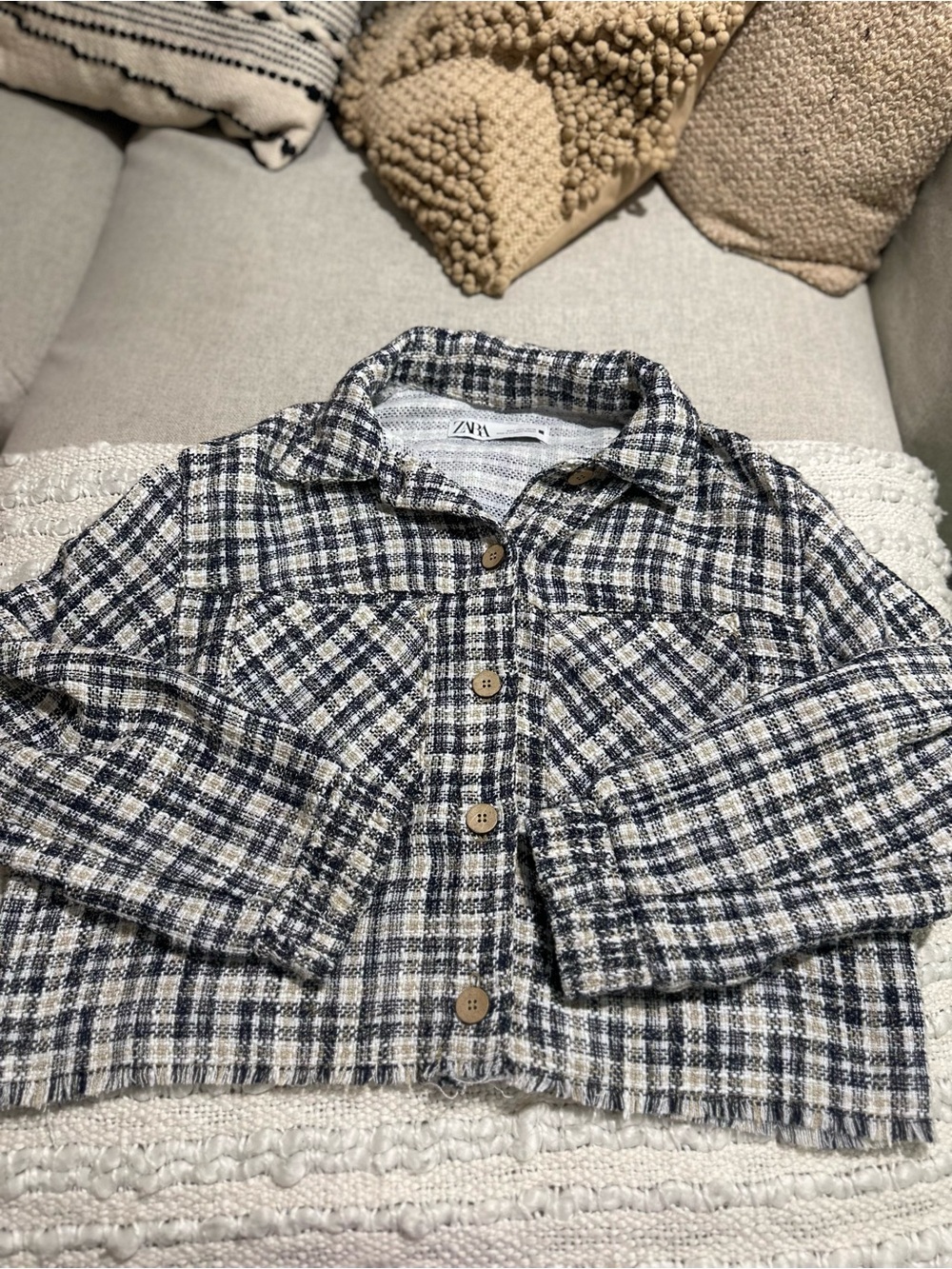 Zara Plaid Button-Front Jacket in Navy and White